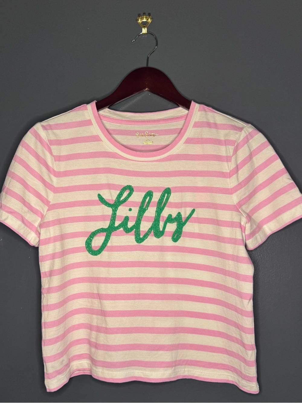 Lilly Pulitzer Loose fit XS Pink Green -shirt Top Striped Print Bead Woman’s Top